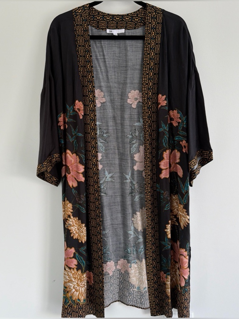 DR2 Floral Boho Kimono Duster with Gold Floral Print L/XL Open Front